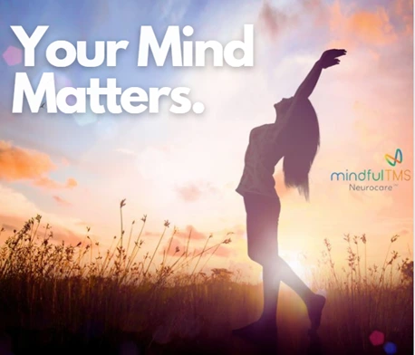 Your Mind Matters. Silhouette of person with raised arms in field at sunset, Mindful TMS Neurocare logo
