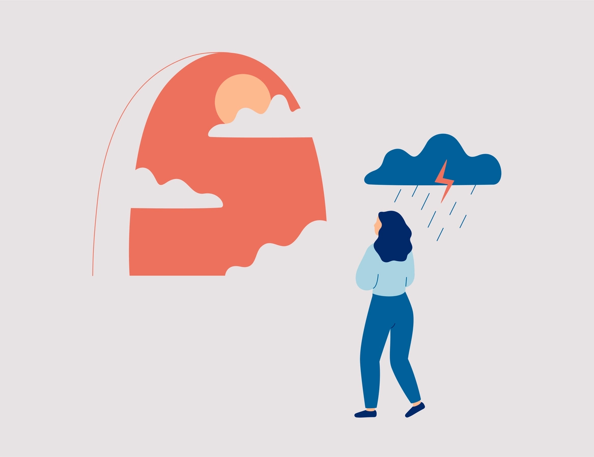 Illustration of person sheltering under large head shape from stormy weather, representing mental health support