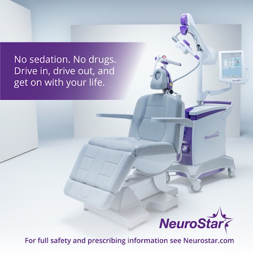 NeuroStar TMS device with patient chair and text "No sedation. No drugs. Drive in, drive out, and get on with your life."