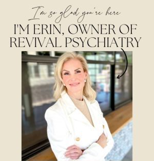 Erin, owner of Revival Psychiatry, wearing white blazer in clinical office setting