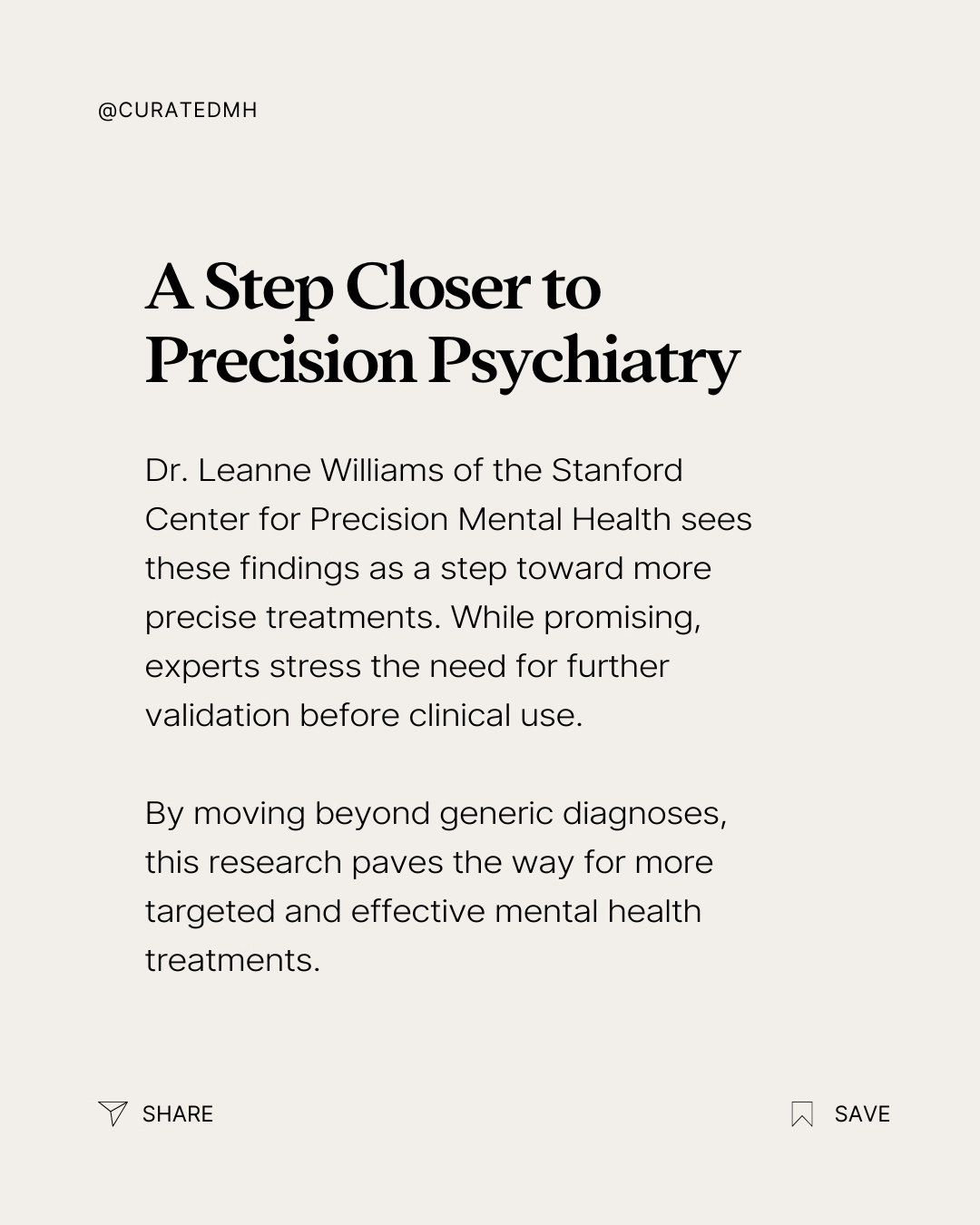 Article headline: A Step Closer to Precision Psychiatry, with text about Dr. Leanne Williams and Stanford Center for Precision Mental Health research