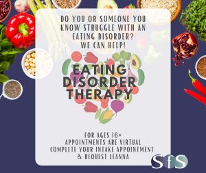 Eating disorder therapy promotional graphic surrounded by fresh vegetables and healthy foods, text states services available for ages 16+ with virtual appointments
