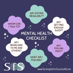 Mental health checklist with six cloud-shaped bubbles containing questions: whom can I talk to, am I eating regularly, am I getting enough sleep, am I being kind to me and others, am I feeling okay, what am I feeling