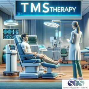 Patient seated in medical chair receiving TMS therapy from clinician in treatment room with brain scans and monitoring equipment visible
