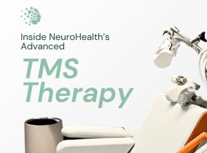 TMS therapy device with text 'Inside NeuroHealth's Advanced TMS Therapy'