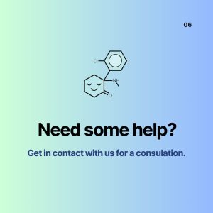 Ketamine molecule illustration with text Need some help? Get in contact with us for a consultation on gradient background
