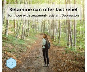Woman jogging on forest trail with text: Ketamine can offer fast relief for those with treatment-resistant Depression