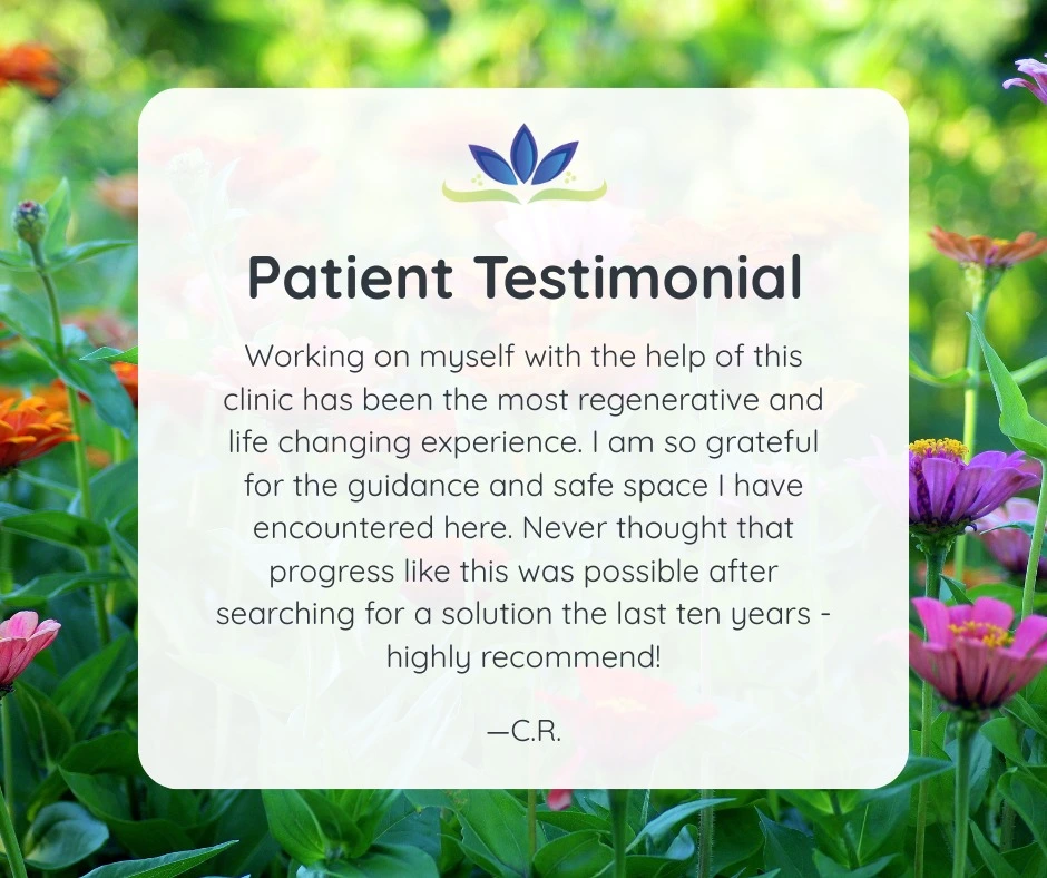Patient testimonial on colorful flower background: working with the clinic provided regenerative, life-changing experience after ten years searching for solutions