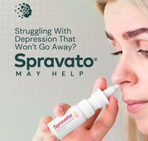 Person holding Spravato nasal spray bottle with text 'Struggling With Depression That Won't Go Away? Spravato May Help'