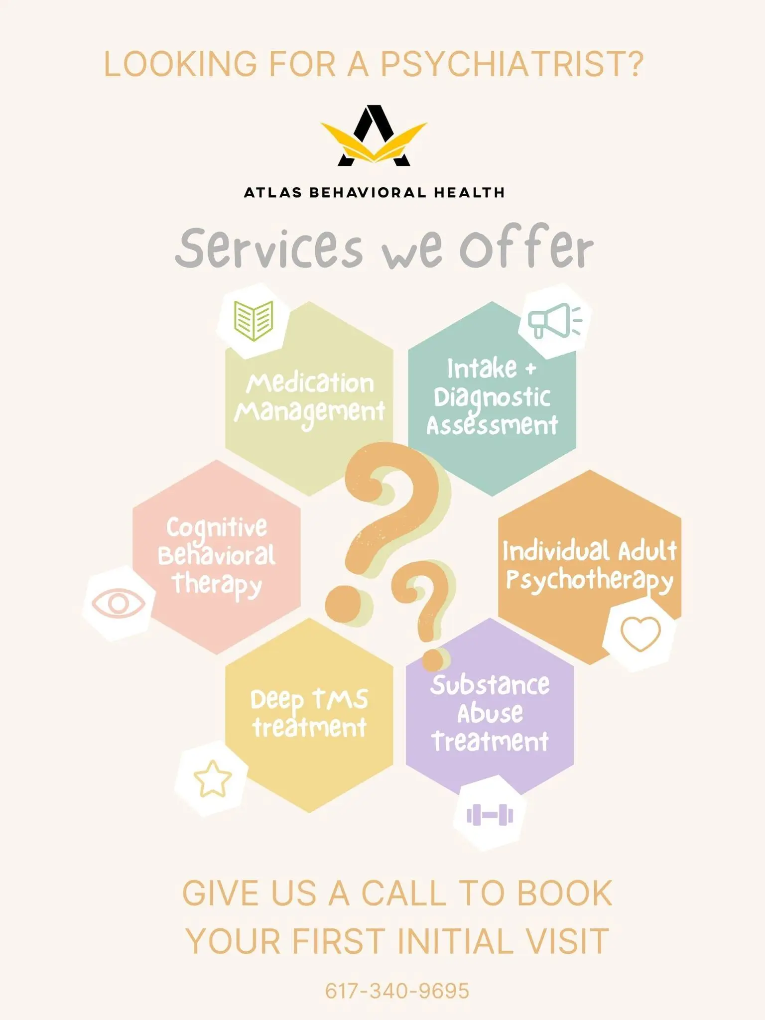 Atlas Behavioral Health services infographic listing medication management, intake and diagnostic assessment, cognitive behavioral therapy, individual adult psychotherapy, deep TMS treatment, and substance abuse treatment