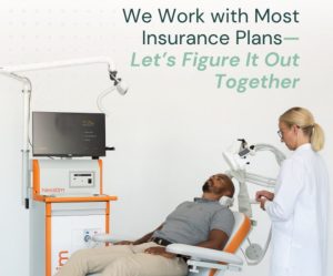 Female clinician operating Nexstim TMS device on male patient with text 'We Work with Most Insurance Plans—Let's Figure It Out Together'