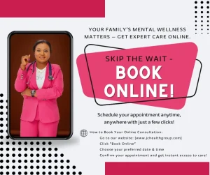 Healthcare provider in pink blazer with stethoscope, promotional text reads 'Your family's mental wellness matters—get expert care online. Skip the wait—book online!'