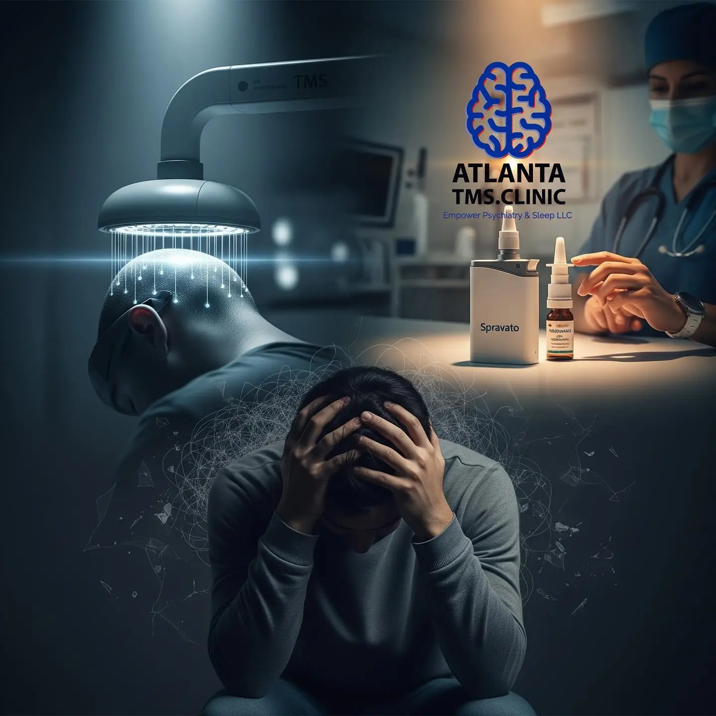 Person holding head in distress with TMS device above, Atlanta TMS Clinic logo, and Spravato medication displayed by clinician