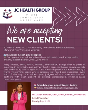 JC Health Group logo and tagline 'Where compassion meets care,' announcement 'We are accepting new clients' with provider credentials for Dr. Jessy Nwuba