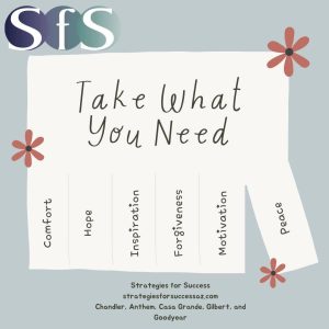 SfS 'Take What You Need' card listing Comfort, Hope, Inspiration, Forgiveness, Motivation, and Peace