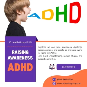 Child in profile with colorful 'ADHD' text, JC Health Group 'Raising Awareness ADHD' campaign messaging about building understanding and reducing stigma