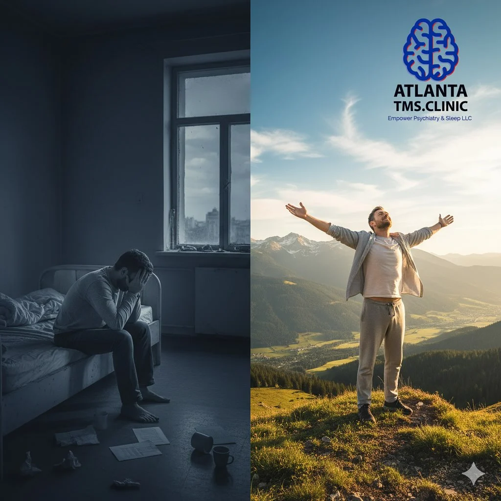 Split image: person in distress on bed indoors transitioning to man celebrating with arms raised on mountain overlook