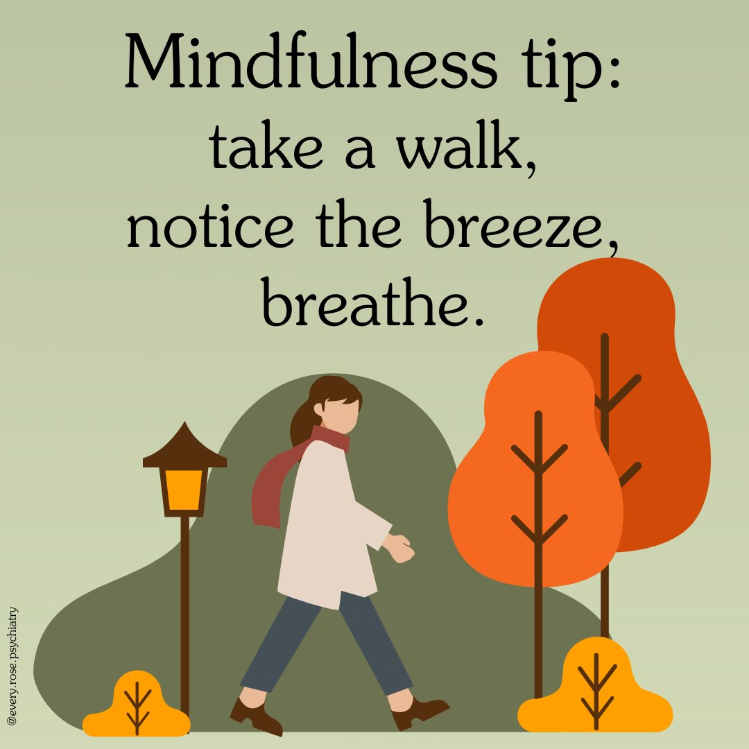 Person jogging outdoors among autumn trees with text: Mindfulness tip: take a walk, notice the breeze, breathe.