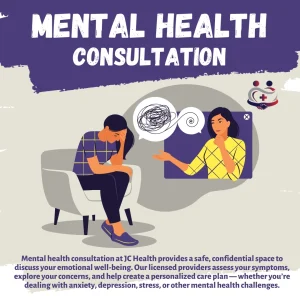 Illustration of person in chair with thought bubbles consulting with healthcare provider via video screen, 'Mental Health Consultation' heading with JC Health Group logo