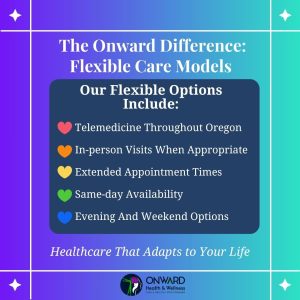 The Onward Difference: Flexible Care Models listing telemedicine, in-person visits, extended times, same-day, and evening/weekend options with colored hearts
