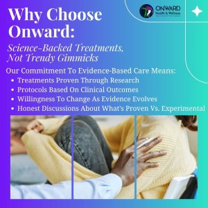 Onward Health & Wellness logo with text 'Why Choose Onward: Science-Backed Treatments, Not Trendy Gimmicks' and three photos showing healthcare provider consulting with patients
