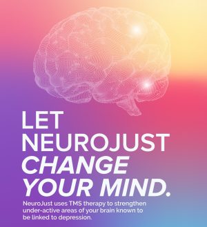 Illustrated brain with text "Let NeuroJust change your mind" describing TMS therapy for depression treatment