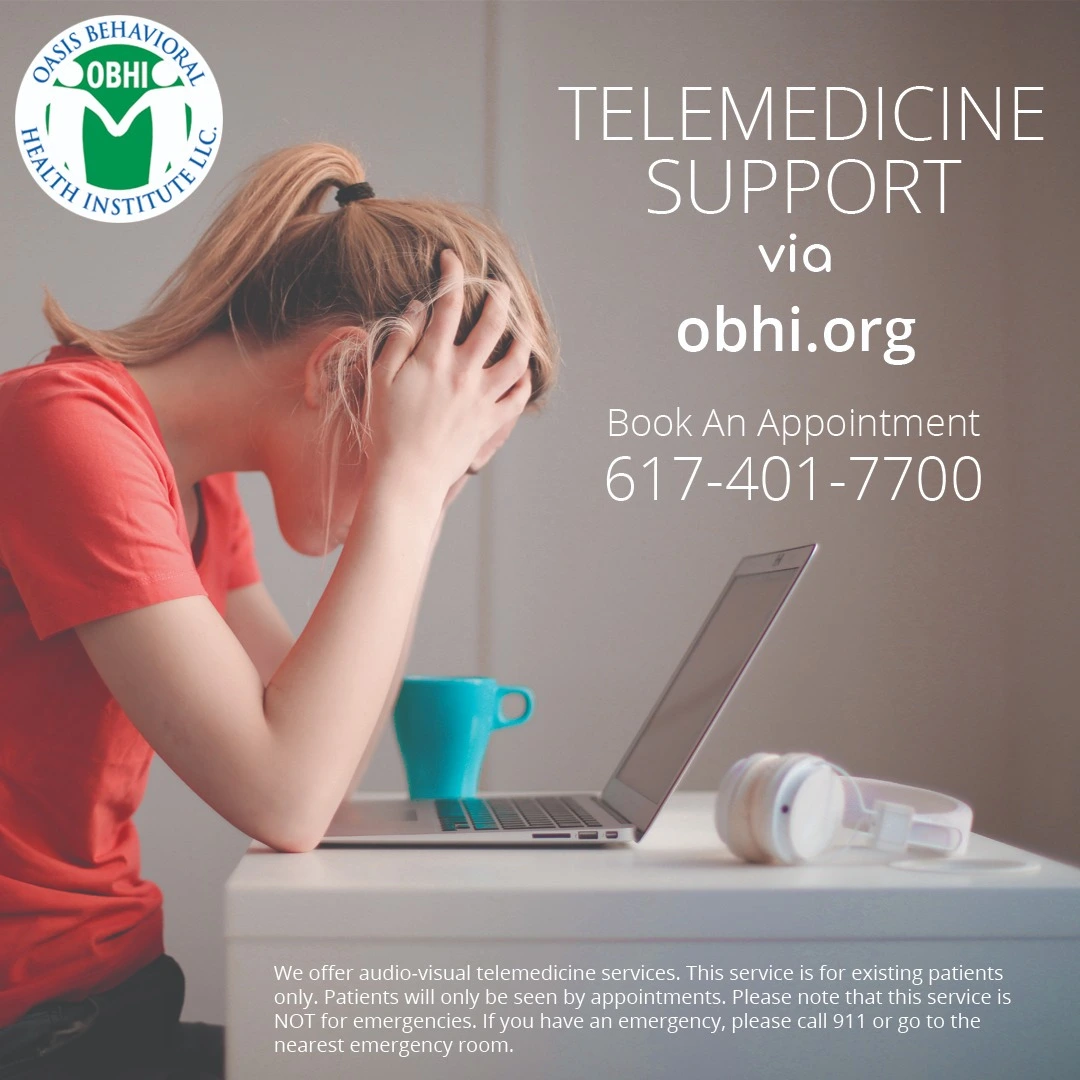 Woman in red shirt at laptop with text "Telemedicine Support via obhi.org, Book An Appointment 617-401-7700"