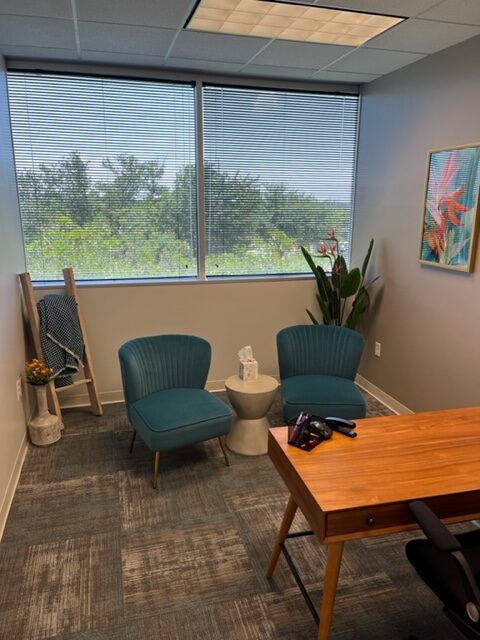 Allen consultation room with two teal chairs facing windows, wooden desk, and potted plant