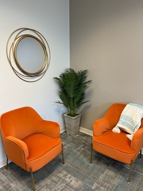 Allen waiting area with two orange chairs separated by potted plant and gold circular mirror