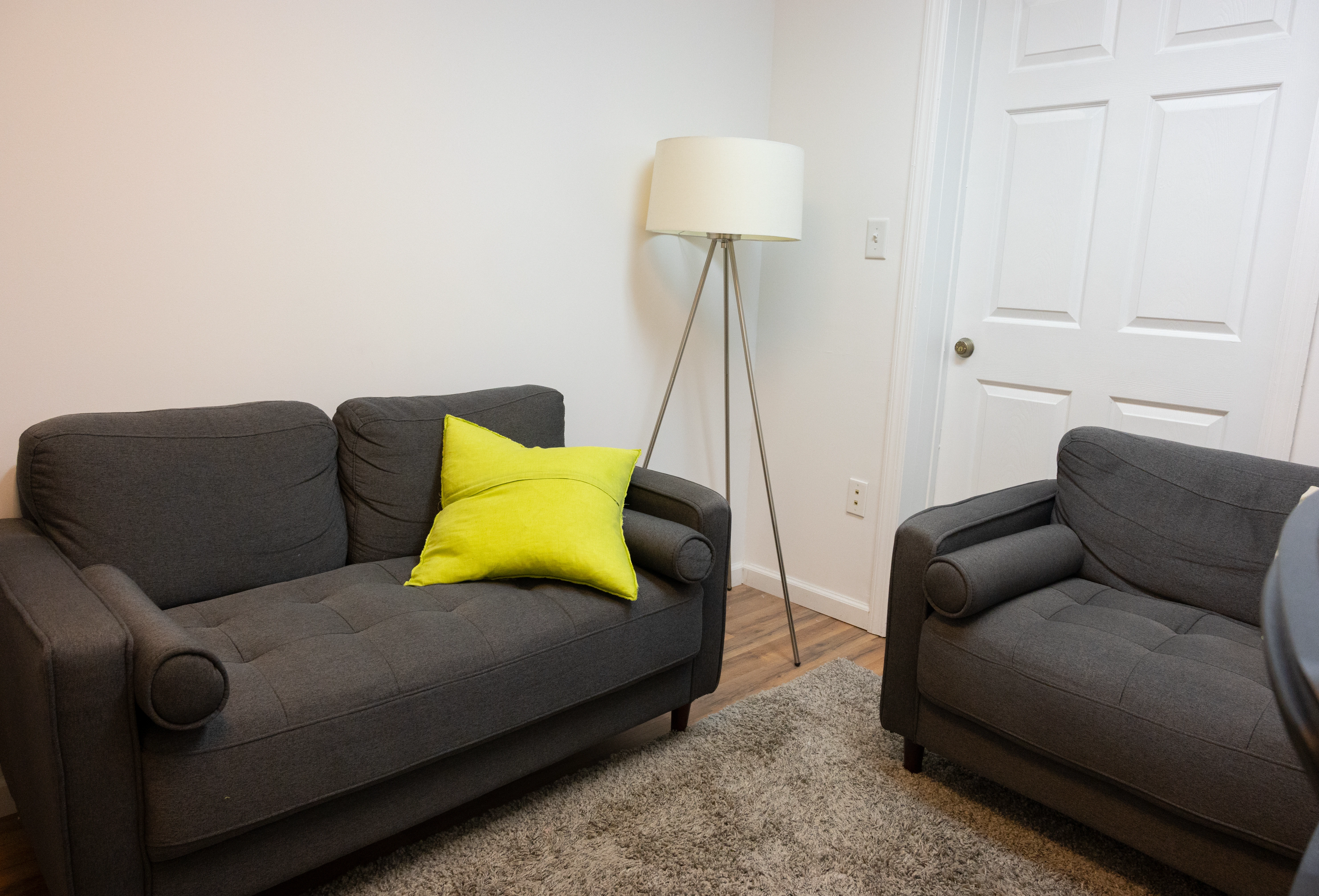 Consultation room with two dark upholstered armchairs, floor lamp, and white closed doors