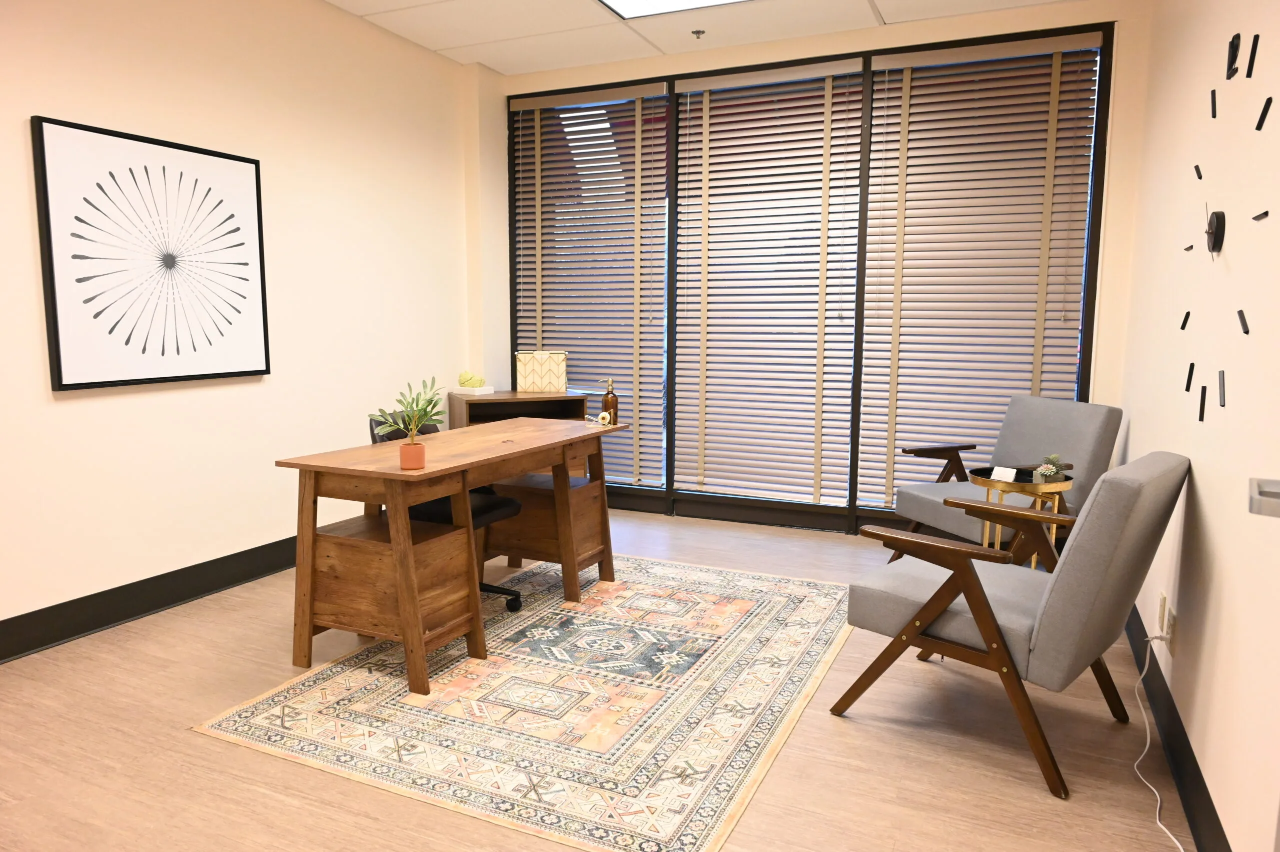 Consultation room with wooden desk, gray chairs, abstract wall art, and large window with shutters