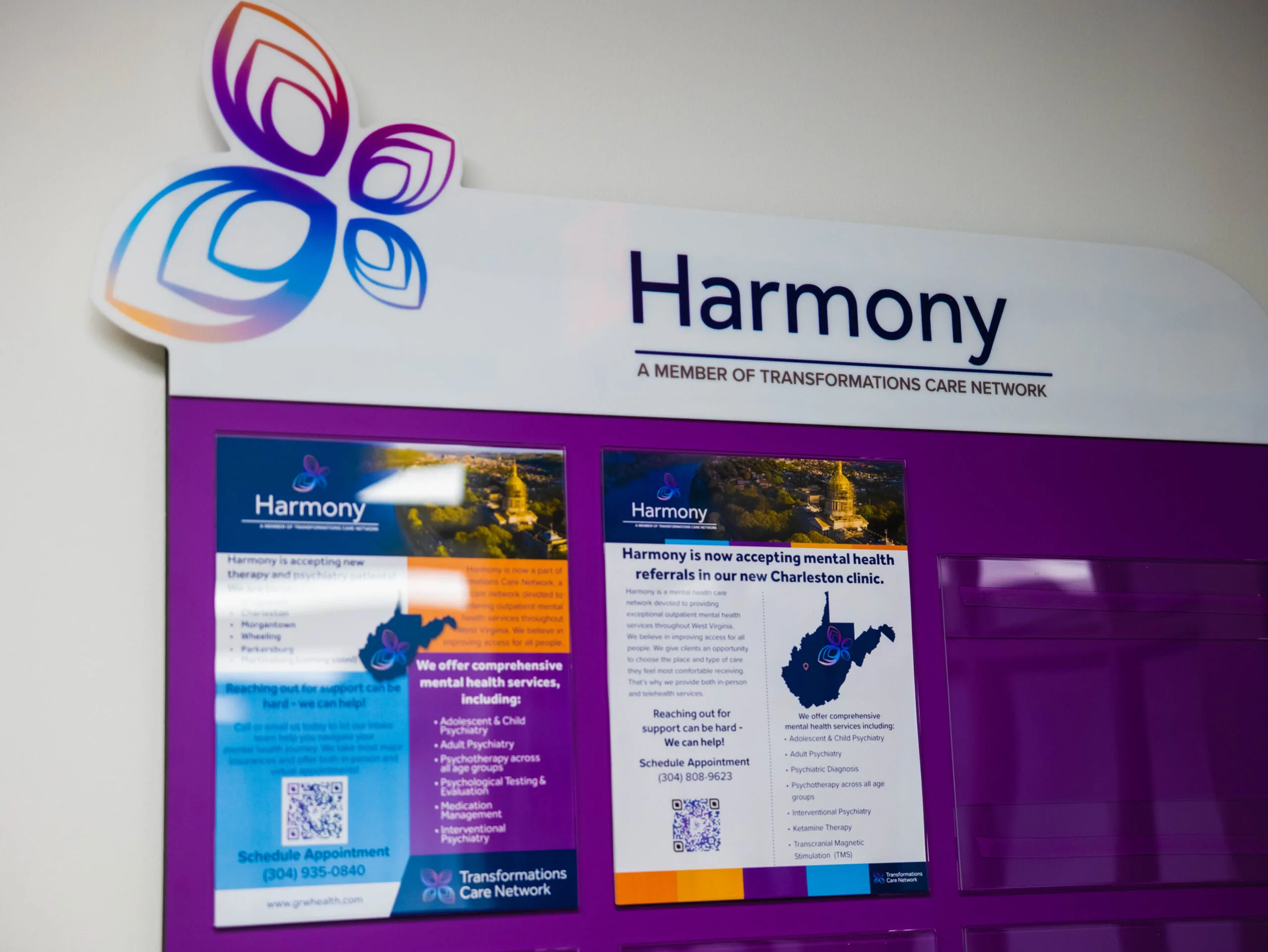 Harmony clinic signage with colorful logo and informational posters about mental health services and Charleston clinic location