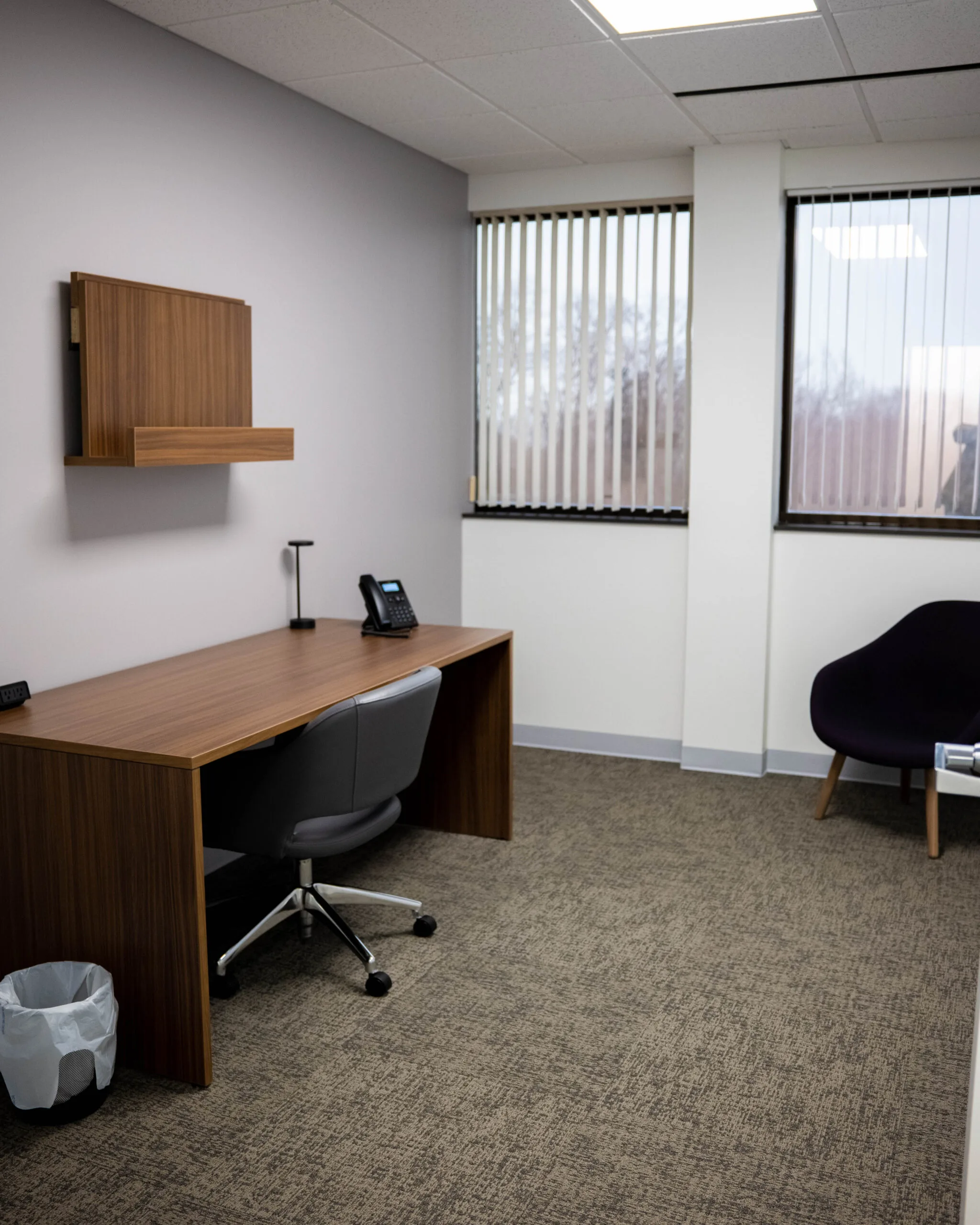 Clinical consultation room featuring wooden desk with telephone, black chair, and lounge seating