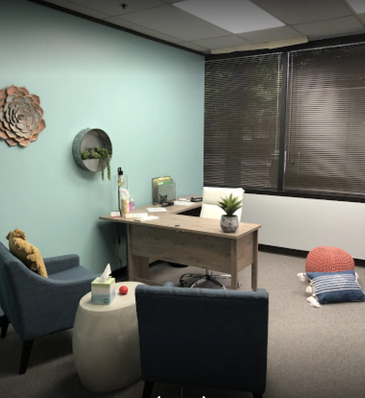 TMS therapy clinic reception area with light blue walls, wooden desk, comfortable seating, and potted plants