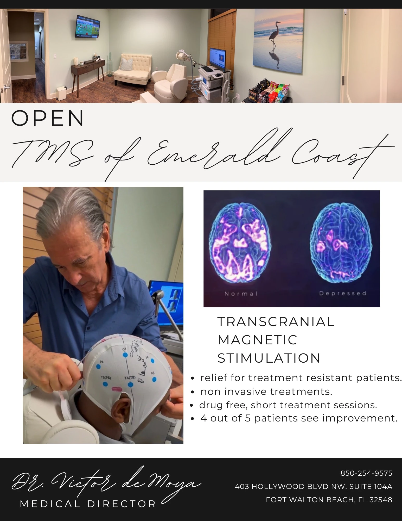 OPEN TMS of Emerald Coast: clinic interior, Dr. Victor deMoya holding TMS treatment device, brain scans comparing normal and depressed states, and treatment details