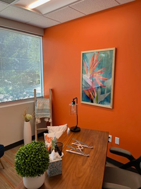 TMS therapy consultation room with orange walls, wooden desk, desk lamp, potted plant, and artwork