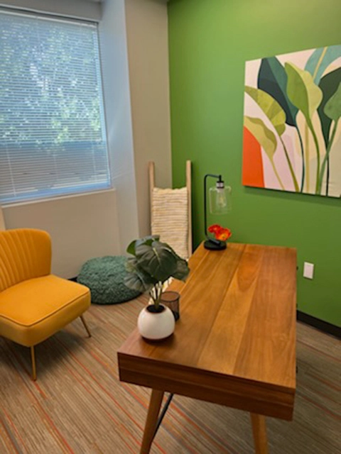 Grapevine consultation room with green accent wall, yellow chair, wooden desk, and potted plant