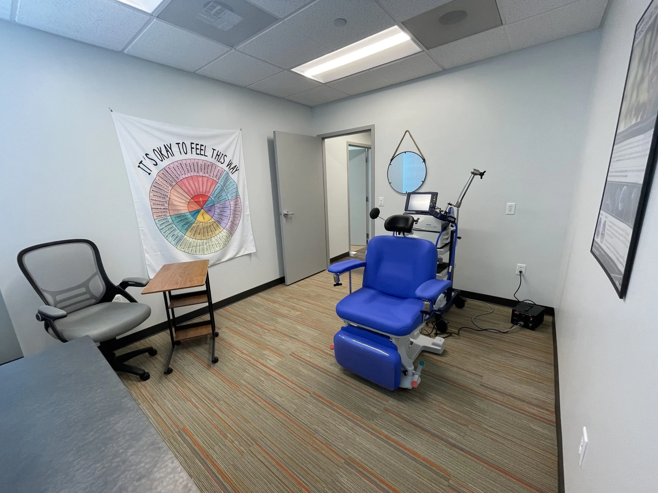 Grapevine TMS treatment room with blue chair, overhead coil device, and mood wheel chart on wall