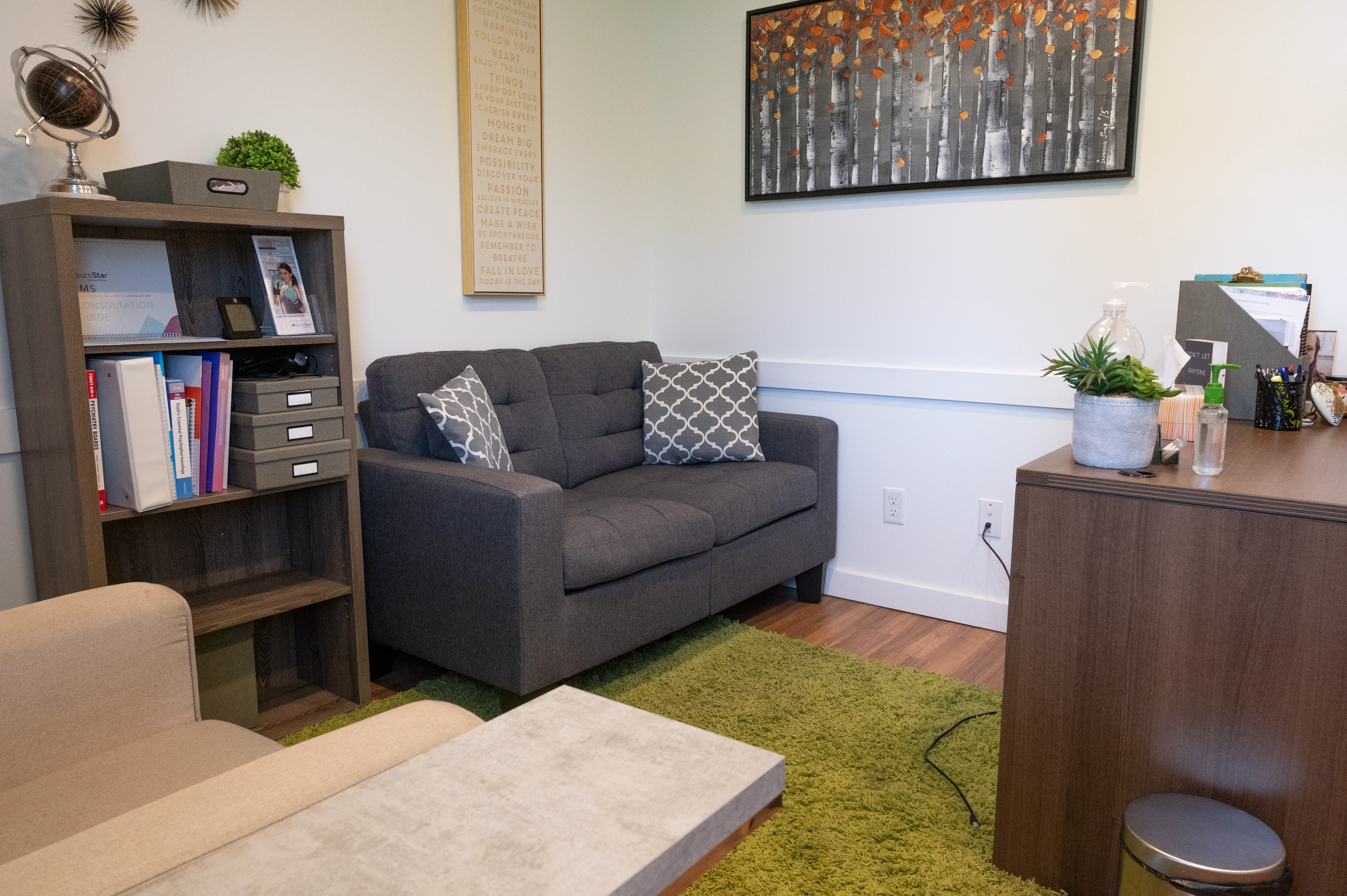Therapist office with gray sofa, bookshelf, artwork, and welcoming décor
