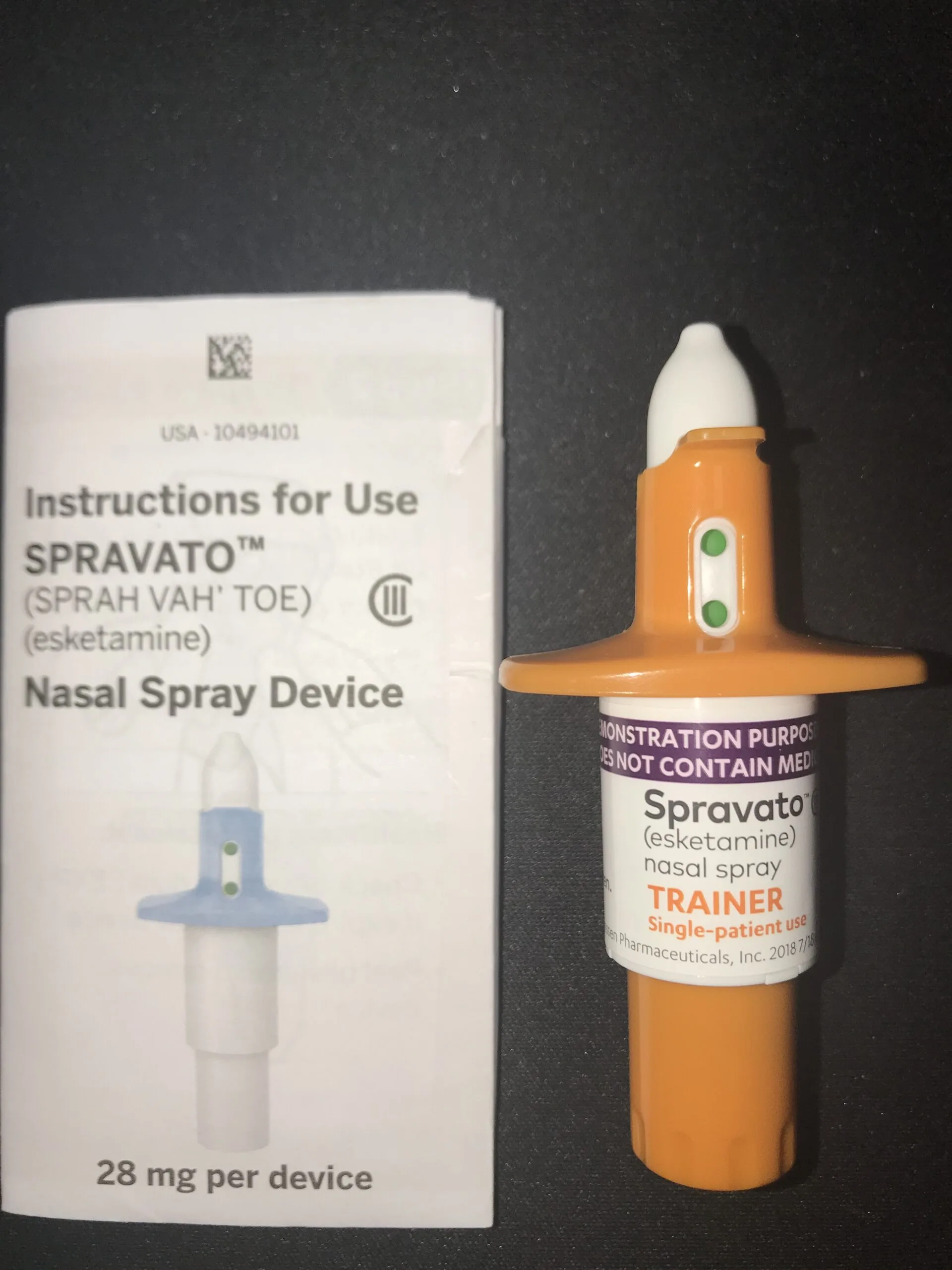Spravato nasal spray trainer device with instructions for use packaging