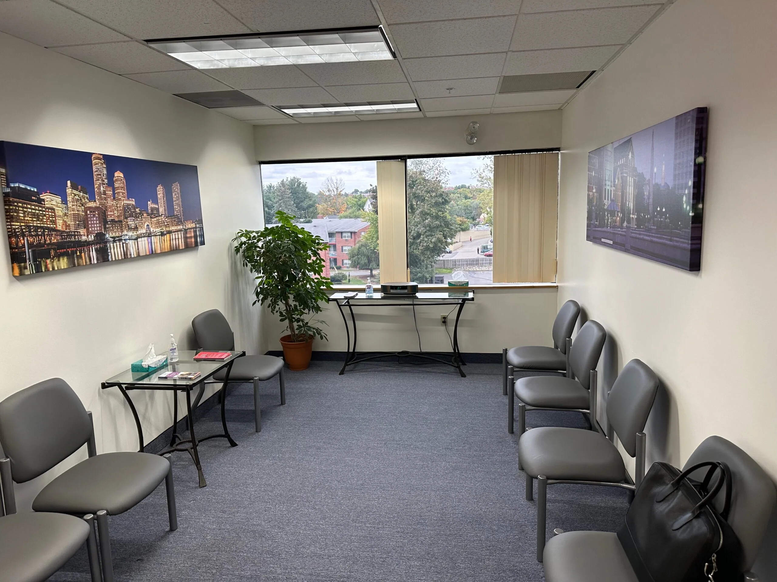 Medical office waiting room with gray chairs, small table, plant, and city skyline artwork on walls