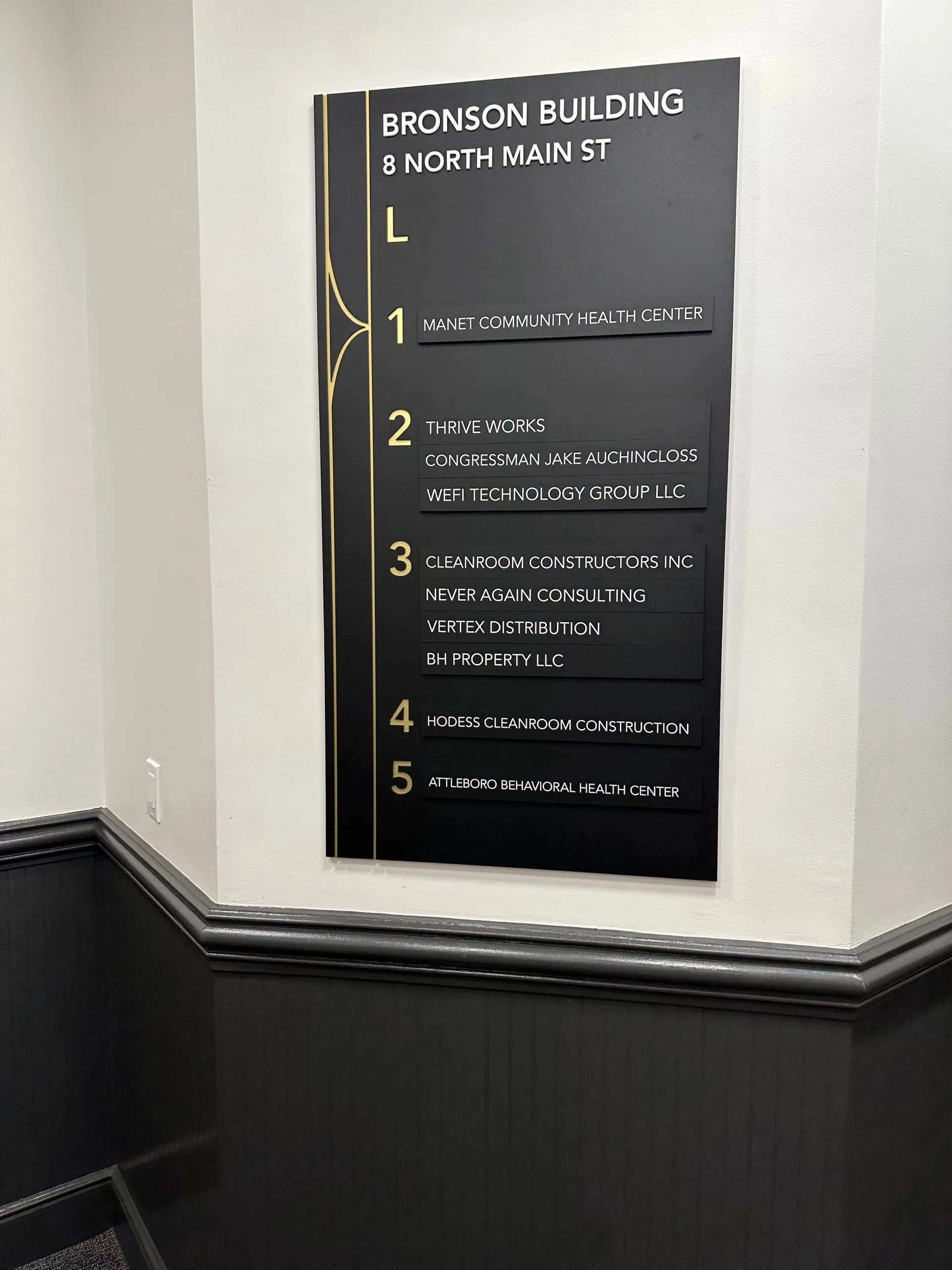Indoor building directory plaque listing floor contents with Suite 504 Attleboro Behavioral Health Center on fifth floor