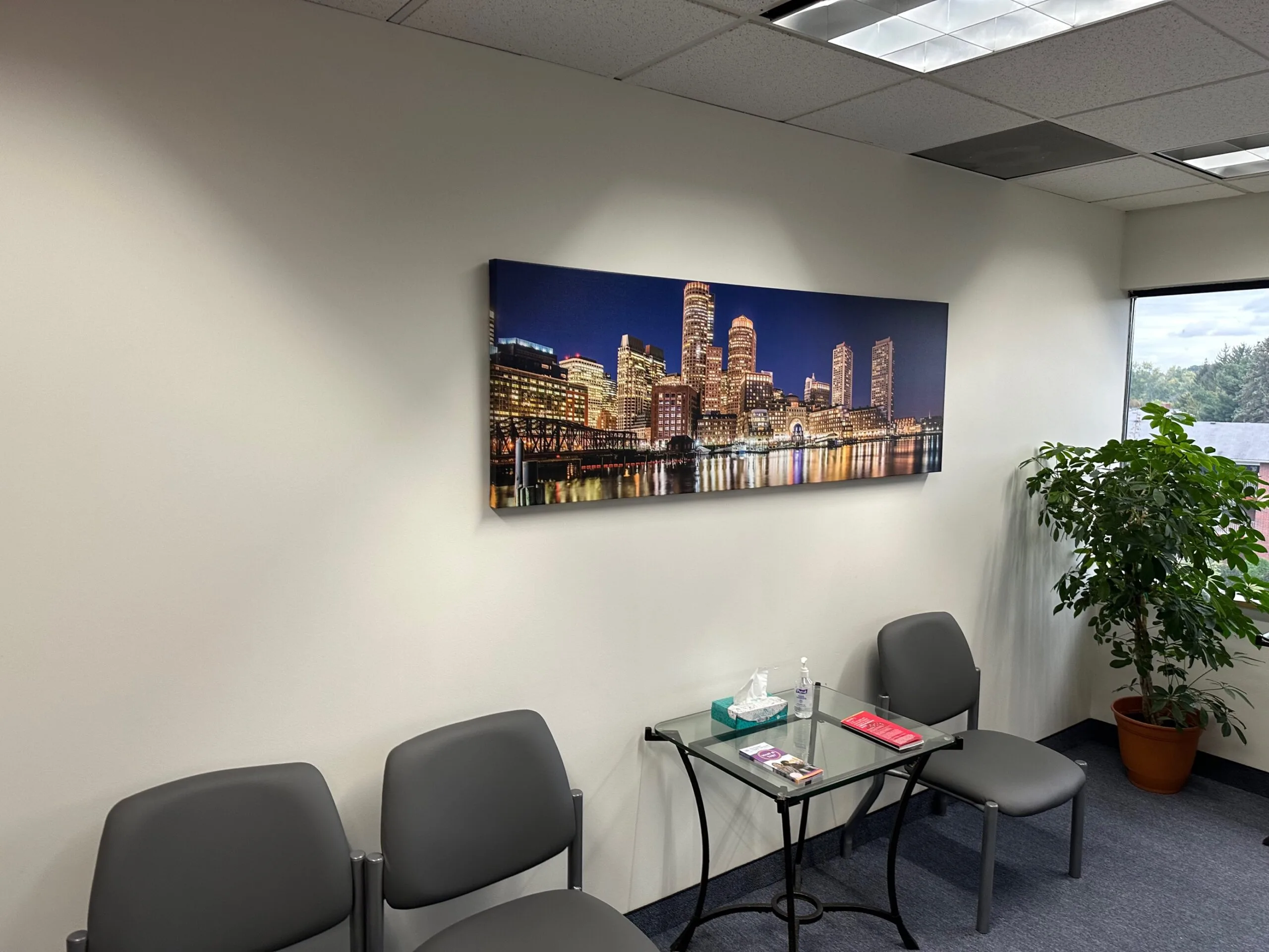 Consultation room with two gray chairs, small desk with supplies, plant, and illuminated city skyline artwork