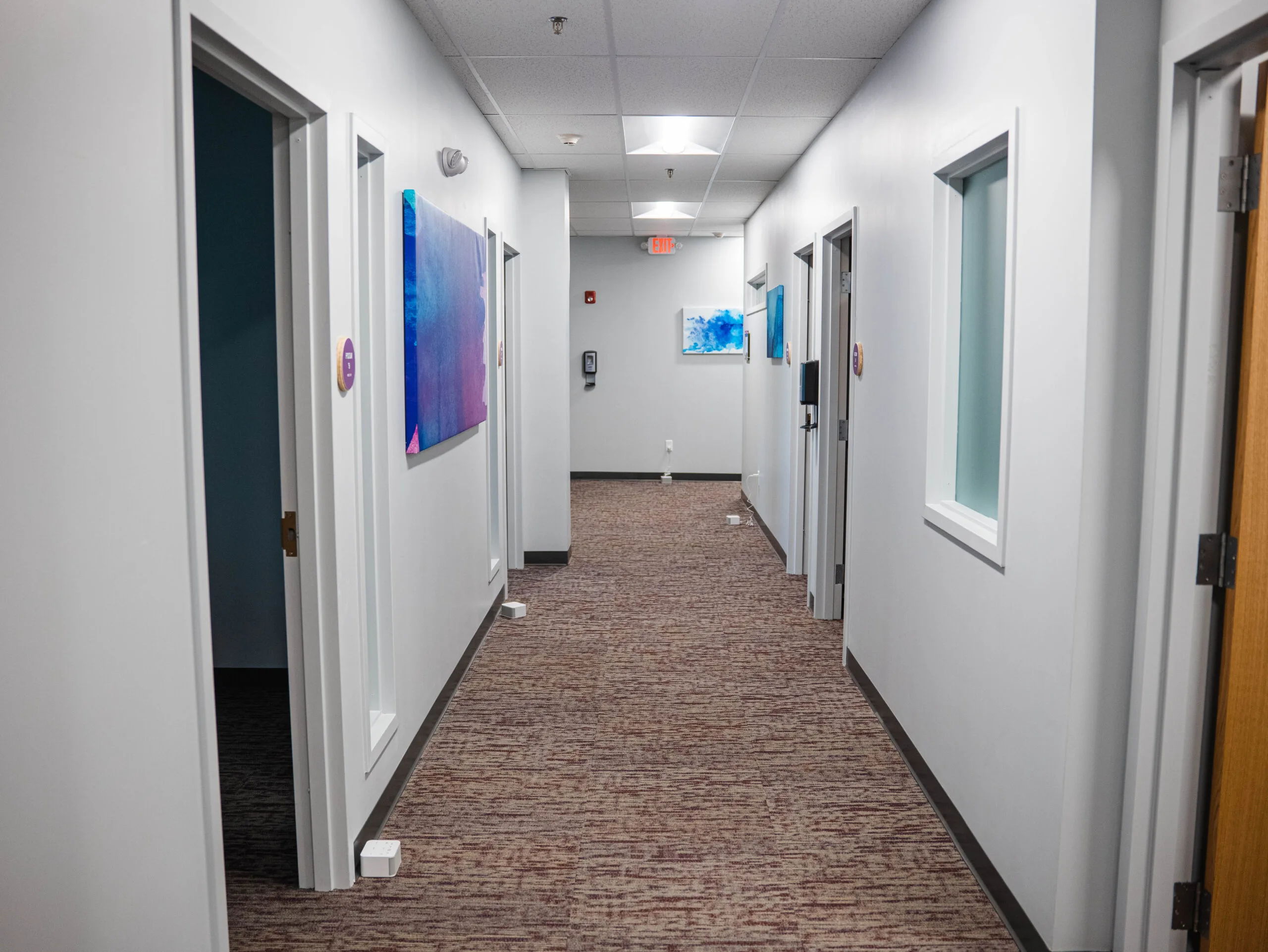 Clean hallway with brown carpet, white walls, multiple treatment room doors, and abstract artwork on walls