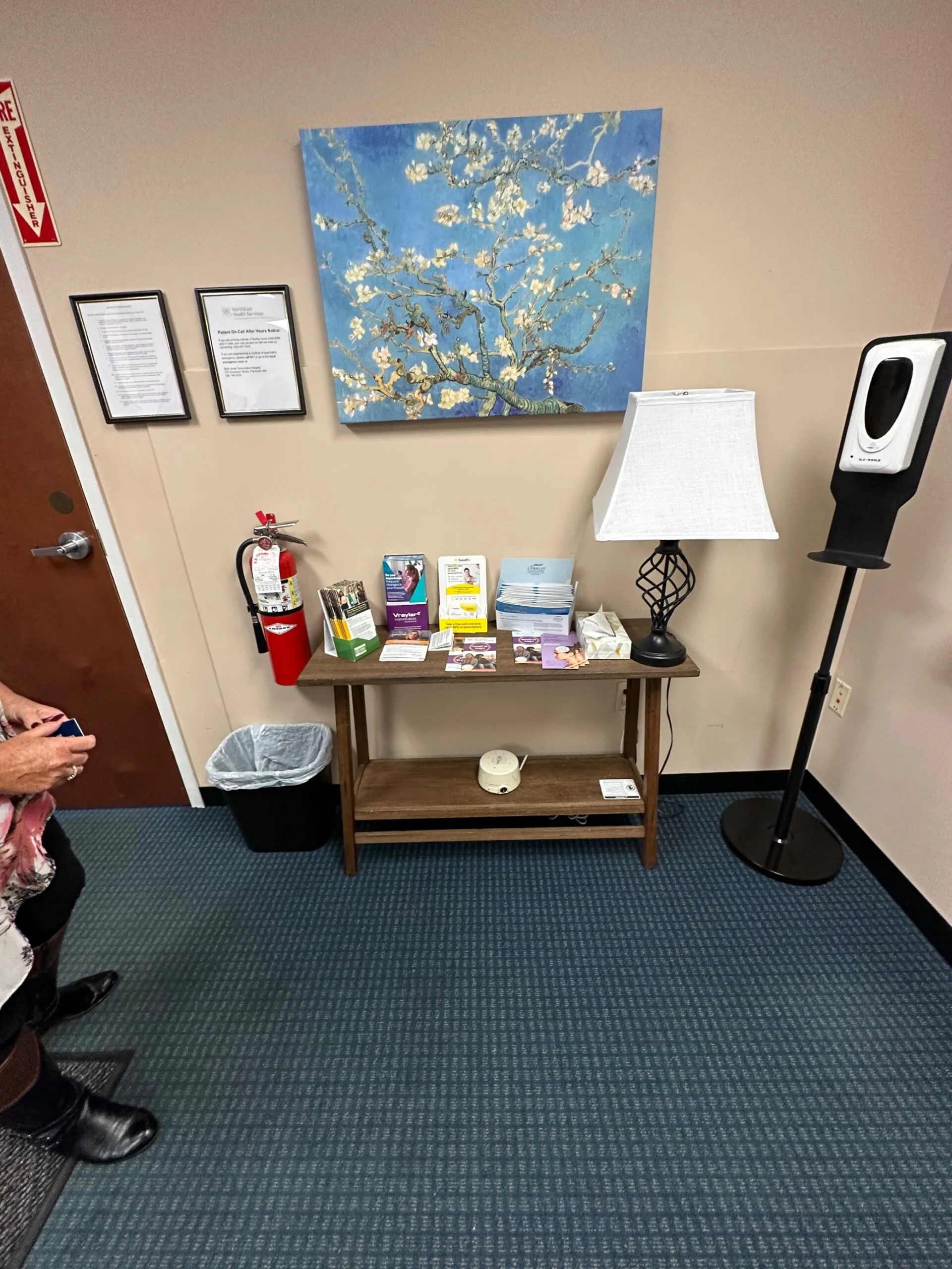 TMS therapy waiting room with framed credentials, blue almond blossom painting, table with brochures and hand sanitizer dispenser