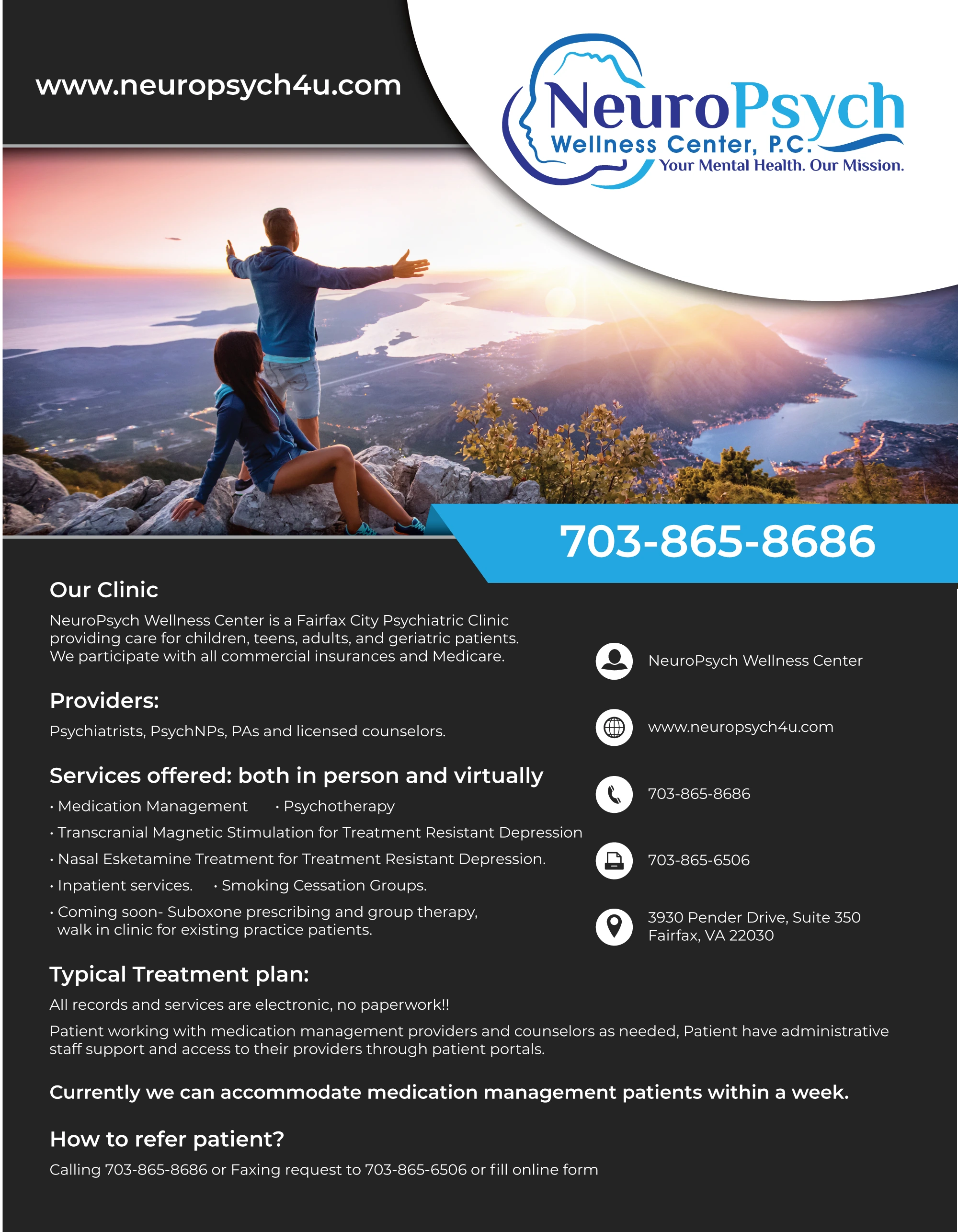 NeuroPsych Wellness Center, P.C. logo and practice flyer with phone number 703-865-8686 and address 3930 Pender Drive, Suite 350, Fairfax, VA 22030