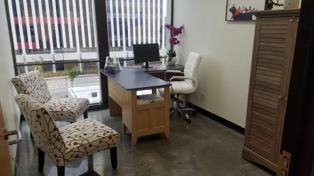 Office reception area with patterned armchairs, wooden desk, computer monitor, and windows with blinds