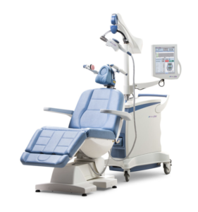 TMS therapy device with blue headpiece, control coil, and touchscreen control panel on mobile cart