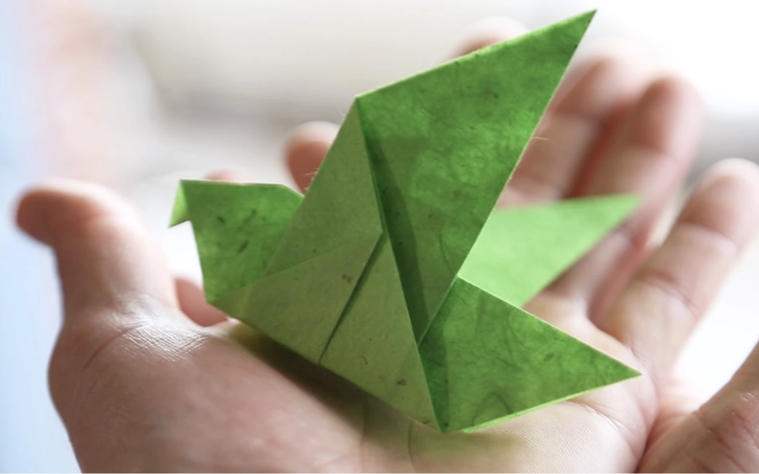 Hand holding green paper bird origami, symbolizing recovery or growth