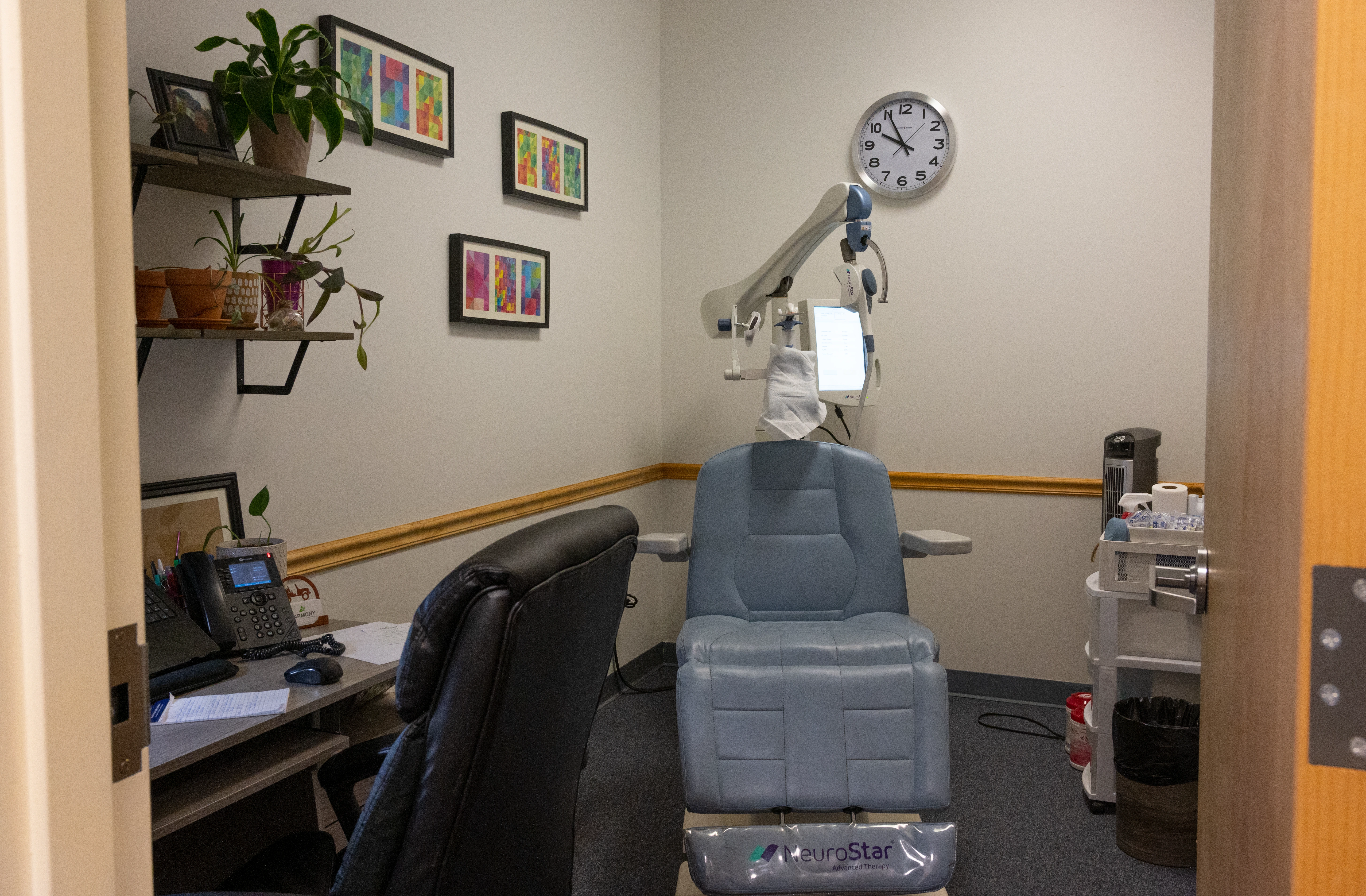 TMS treatment room with gray chair, mounted equipment arm, potted plants, and wall art